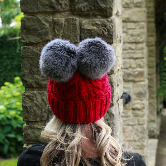red Women’s Double Pom Pom Winter Hat – Fleece-Lined Wool Beanie, Windproof & Warm, Cute Cold Weather Gift for Girls or Her