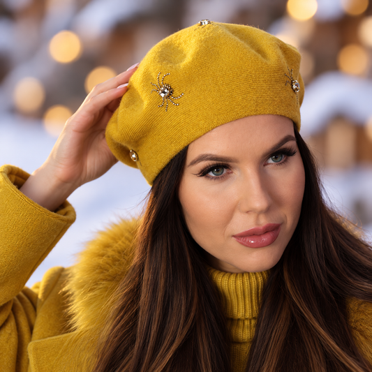 yellow Women’s Cashmere Beret with Crystal Spider Embroidery