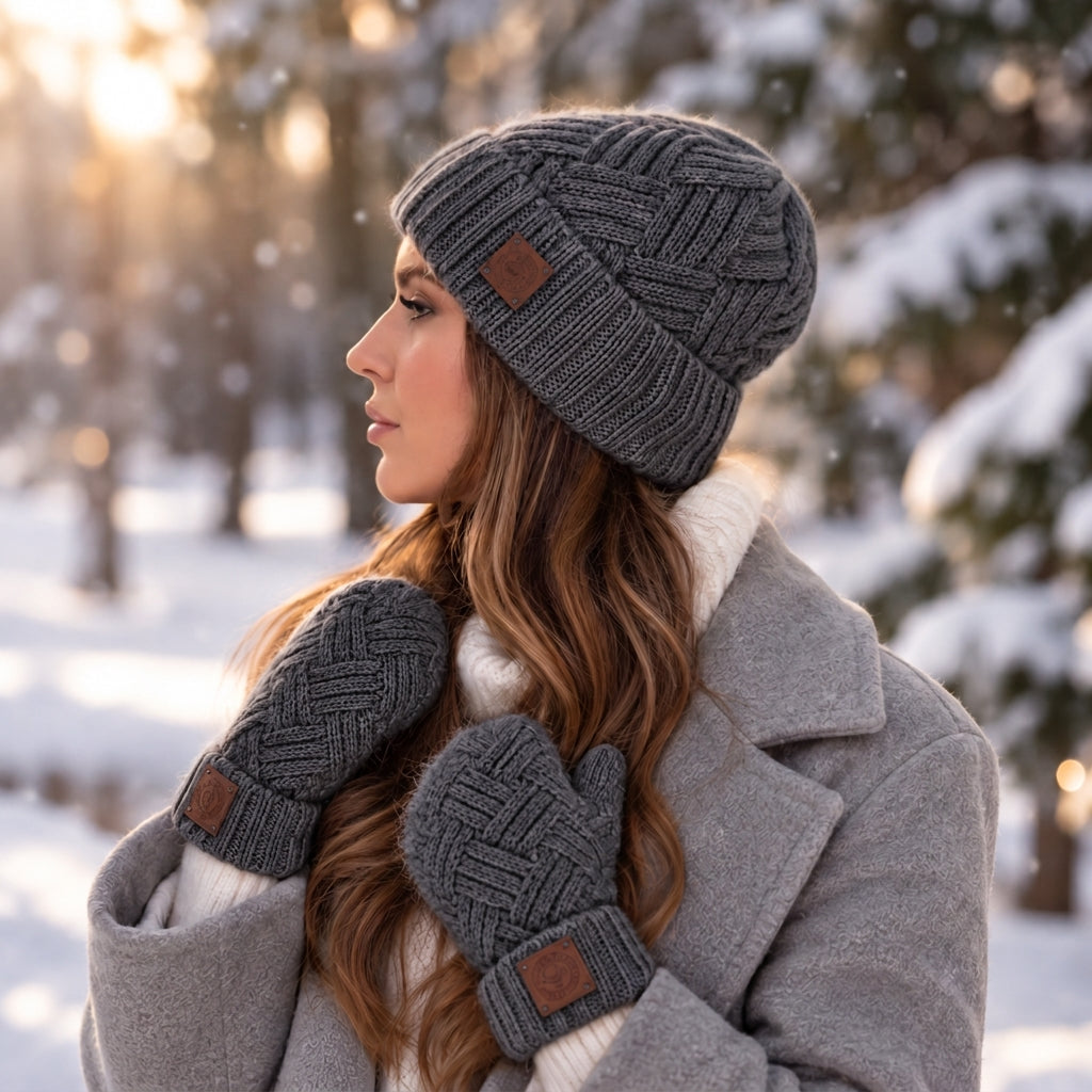 dark grey Cashmere Hat & Mittens Set