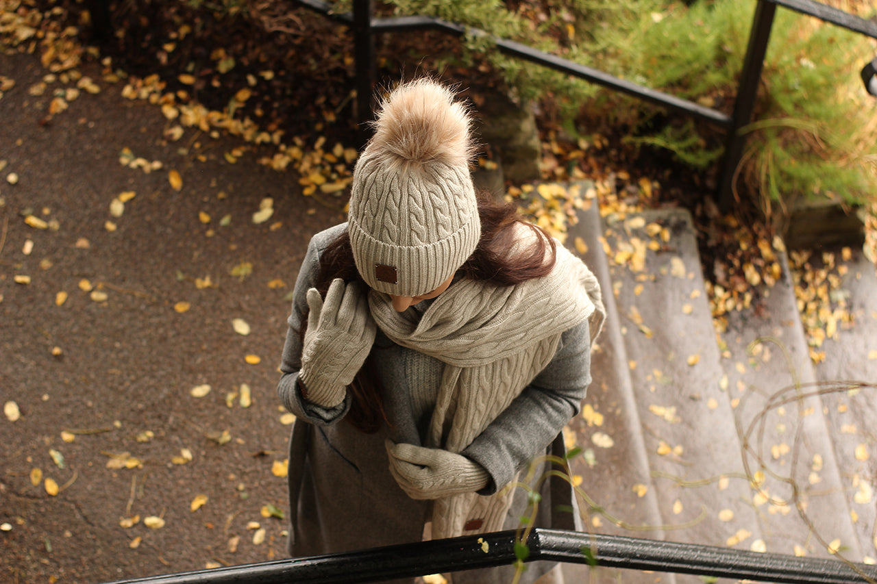 cashmere pom pom set hat scarf gloves