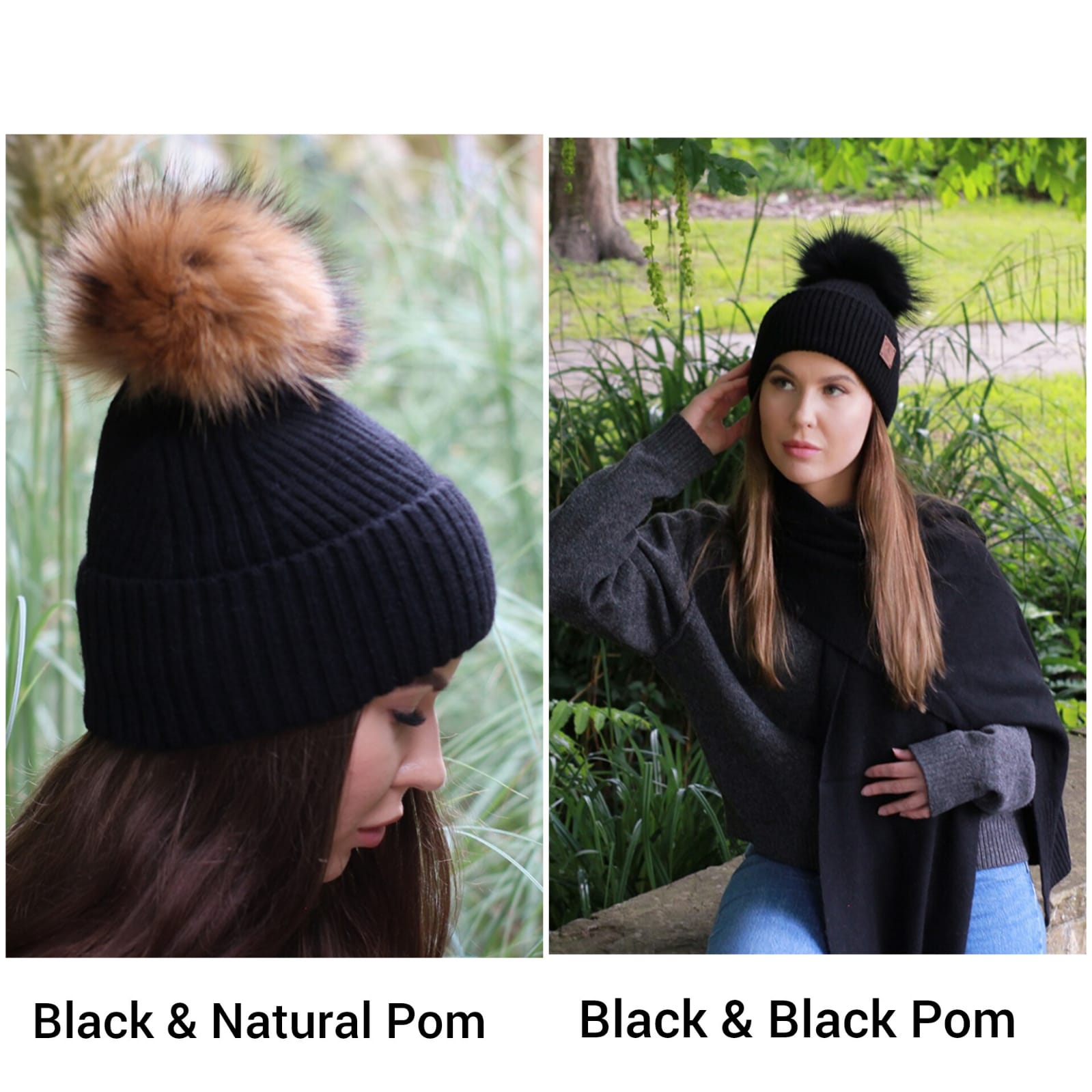 black Silk-Lined Cashmere Beanie for Women – Frizz-Free Winter Hat with Fox Fur Pom Pom, Cozy Gift for Her, Soft Warm Luxury Beanie