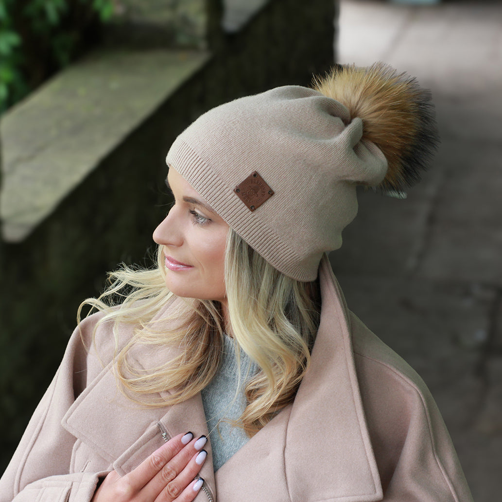 blush light grey Double Layer Cashmere Hat 
