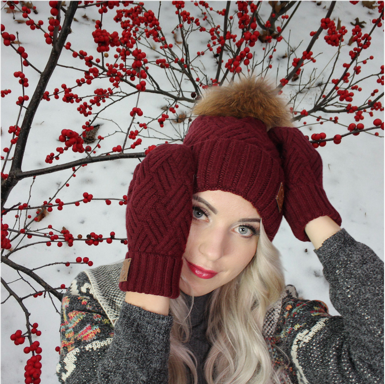 wine Cashmere Hat and Mittens Set for Women – Warm Winter Beanie with Faux Fur Pom Pom, Soft Luxury Gift Set For Her, Cozy and Stylish Accessory
