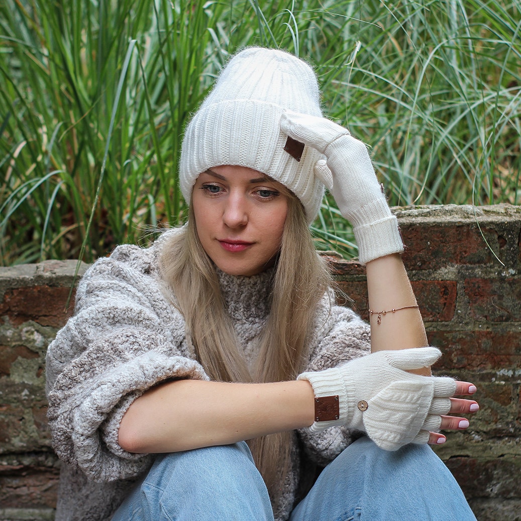 ivory white Cashmere Convertible Fingerless Gloves