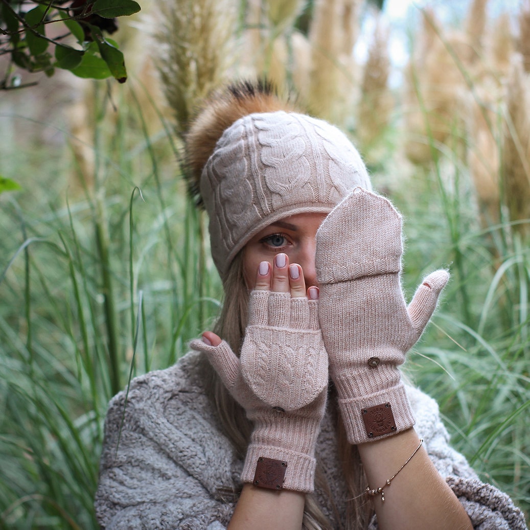 rose beige Cashmere Convertible Fingerless Gloves