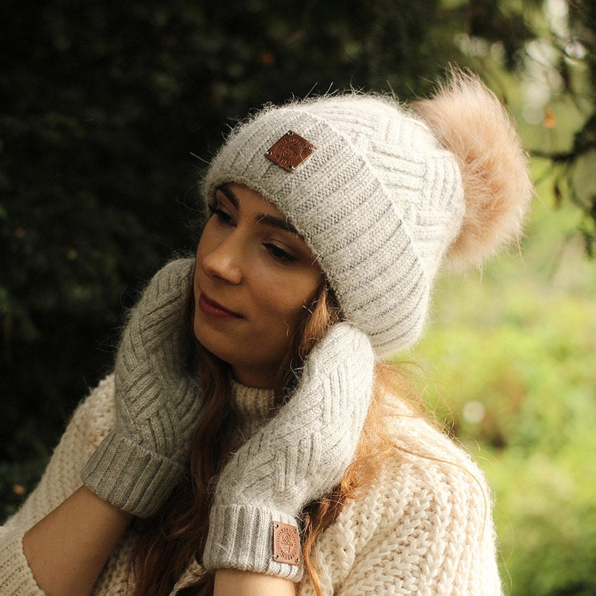 Light grey Cashmere Hat and Mittens Set for Women – Warm Winter Beanie with Faux Fur Pom Pom, Soft Luxury Gift Set For Her, Cozy and Stylish Accessory