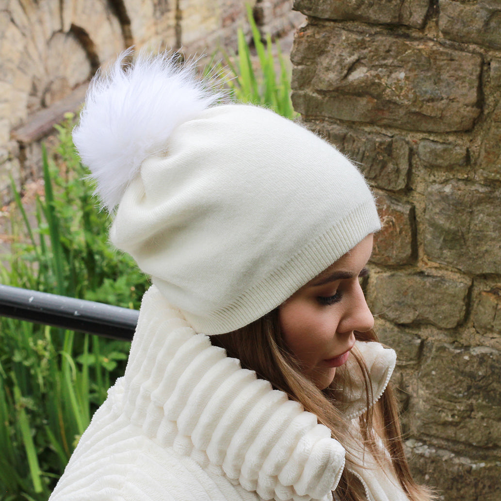 white Cashmere Winter Hat for Women – Soft Double Layer Beanie, Warm and Breathable Knit Faux Fur Pom Pom Hat, Elegant Cold Weather Gift for Her
