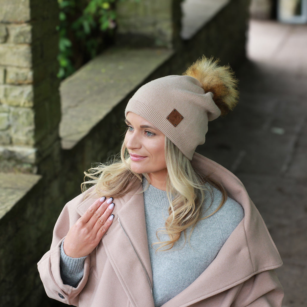 blush Cashmere Winter Hat for Women – Soft Double Layer Beanie, Warm and Breathable Knit Faux Fur Pom Pom Hat, Elegant Cold Weather Gift for Her