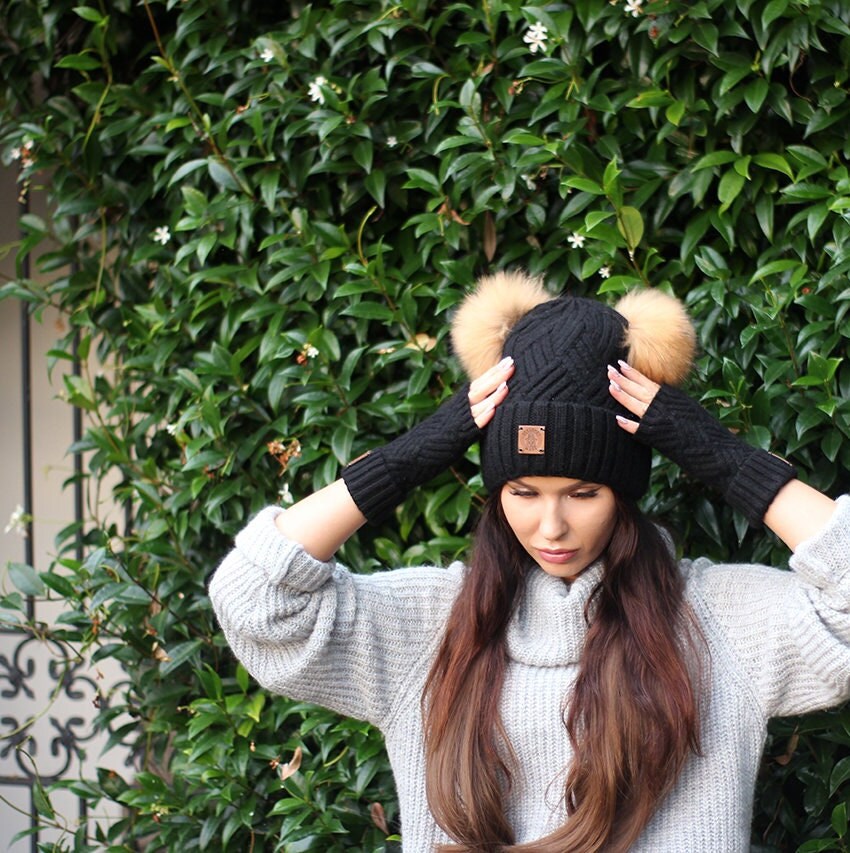 black Cashmere double fox fur pom pom hat