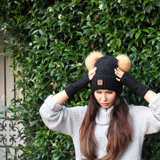 black Cashmere double fox fur pom pom hat