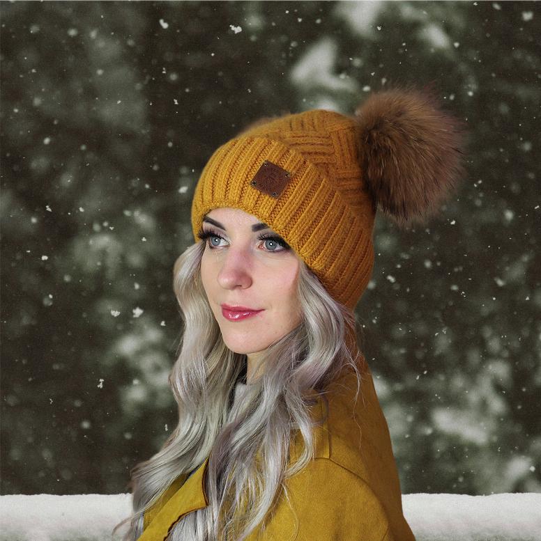 yellow Cashmere double fox fur pom pom hat