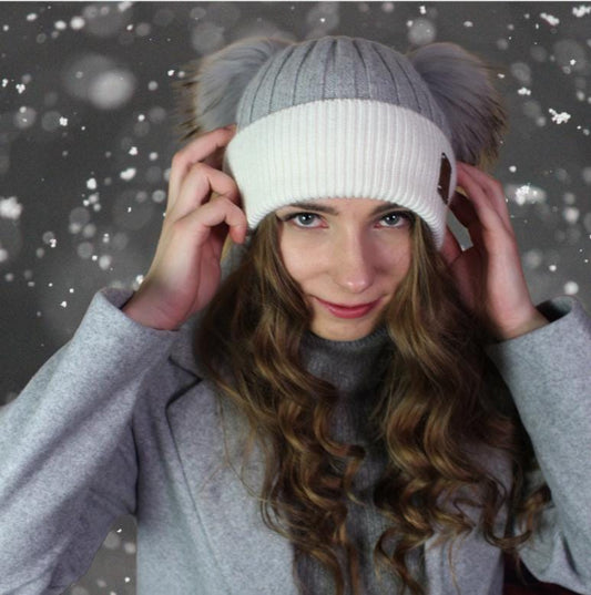 grey Cashmere double fox fur pom pom hat