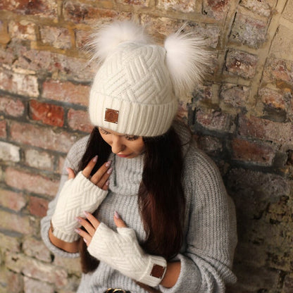 white Cashmere double fox fur pom pom hat