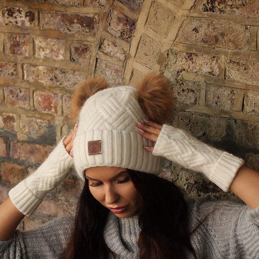 white Cashmere double fox fur pom pom hat