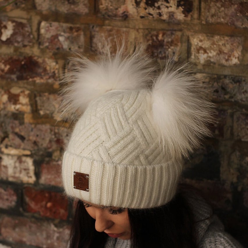 white Cashmere double fox fur pom pom hat
