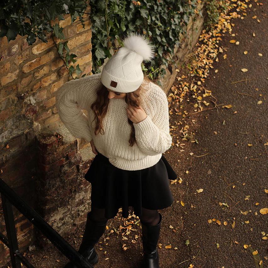 white Cashmere faux fur pom pom women's winter hat
