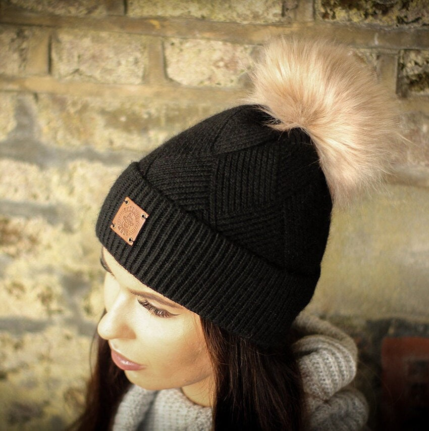 black Cashmere faux fur pom pom women's winter hat