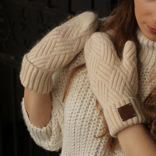 beige  Cashmere mittens gloves for women,
