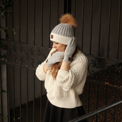 grey Cashmere real fur pom pom beanie