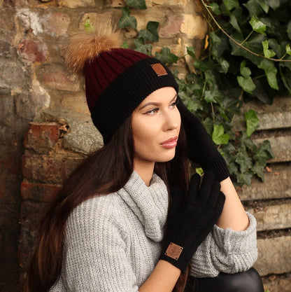 burgundy Cashmere real fur pom pom beanie