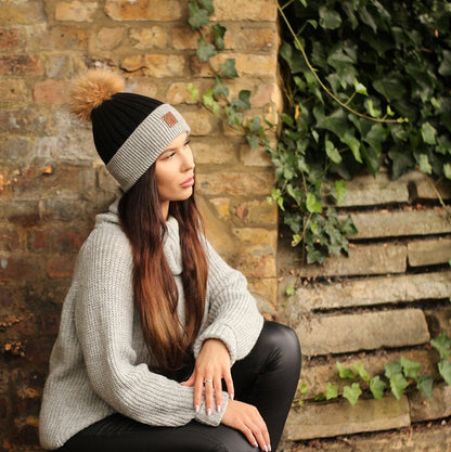 black Cashmere real fur pom pom beanie