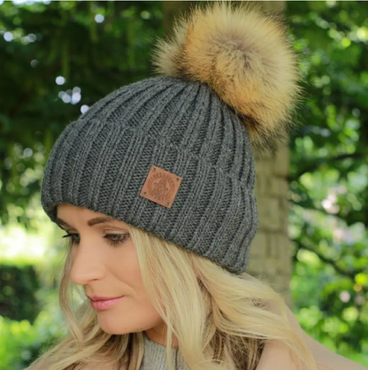 dar grey Silk-Lined Cashmere Hat with Fox Fur Pom Pom – Smaller Size