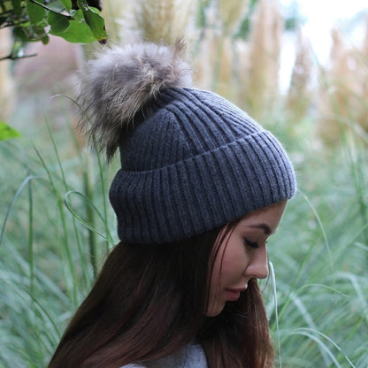 dar grey silk lined fox fur pom pom hat