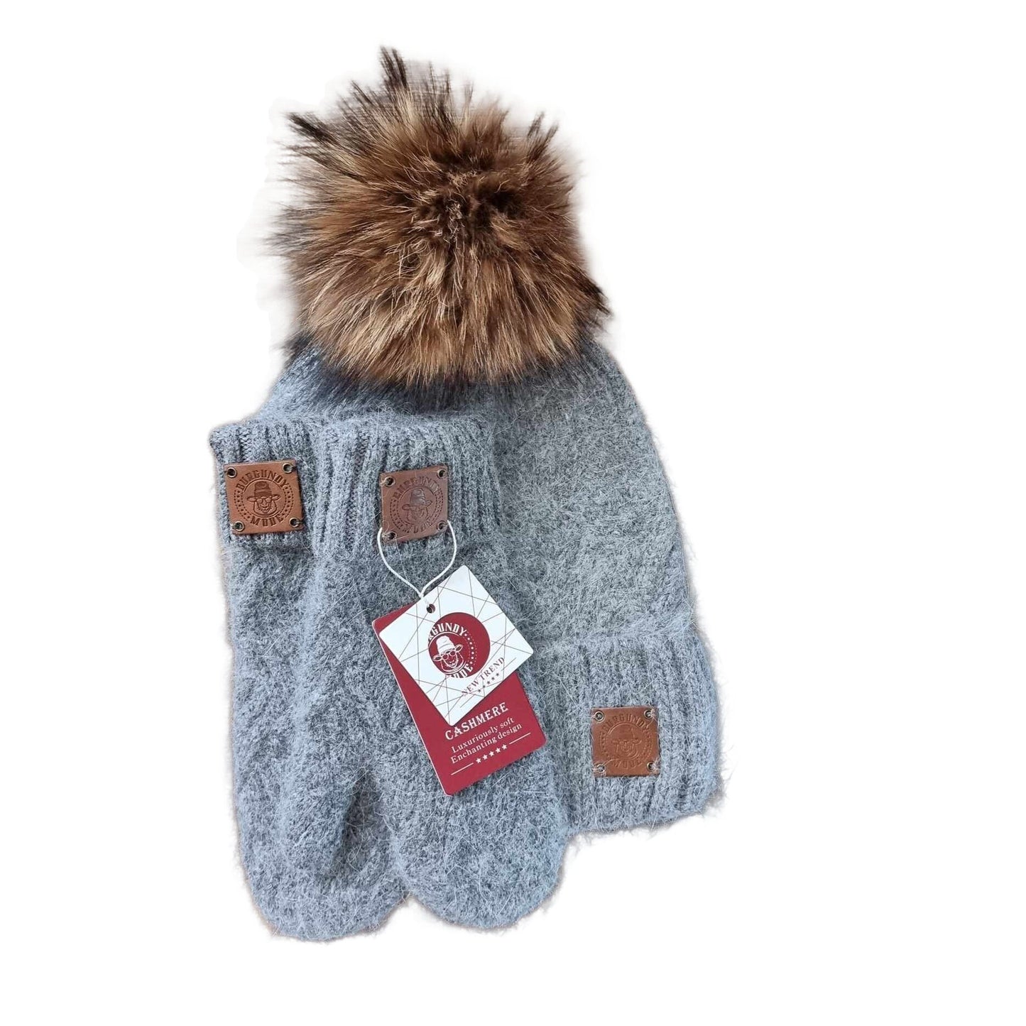 Cashmere Hat and Mittens Set for Women – Warm Winter Beanie with Fox Fur Pom Pom, Soft Luxury Gift Set For Her, Cozy and Stylish Accessory