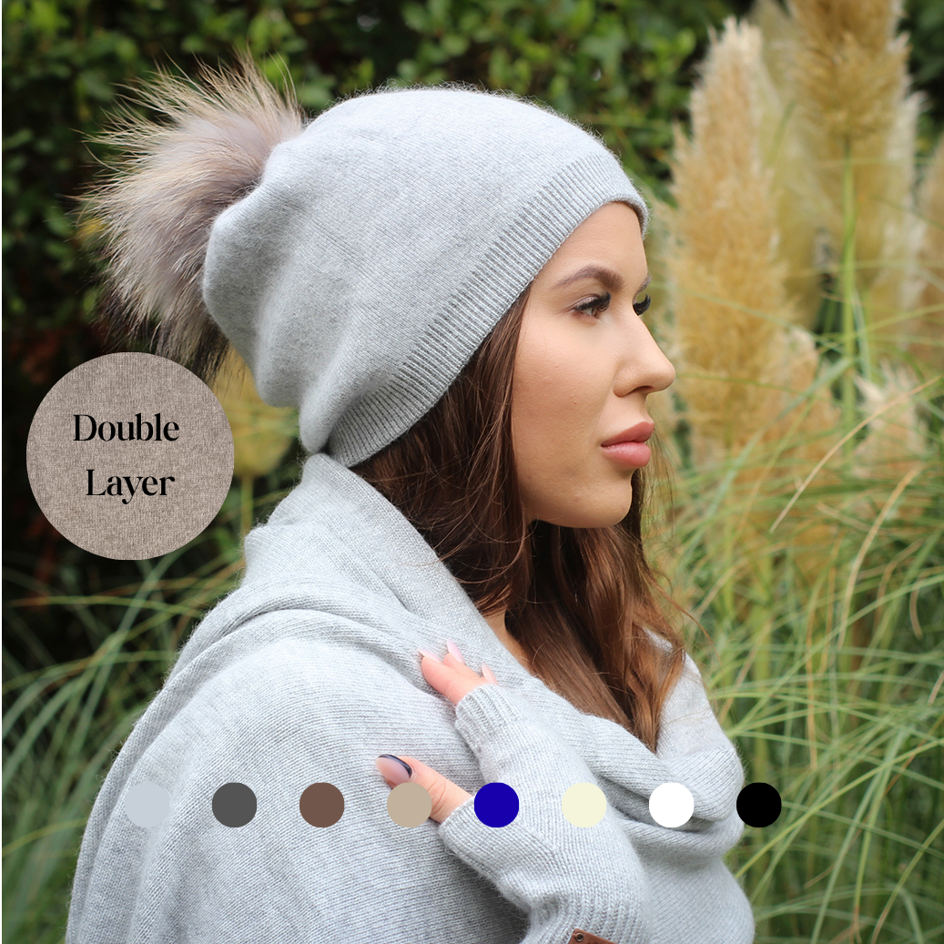 Cashmere Winter Hat for Women – Soft Double Layer Beanie, Warm and Breathable Knit Fox Fur Pom Pom Hat, Elegant Cold Weather Gift for Her