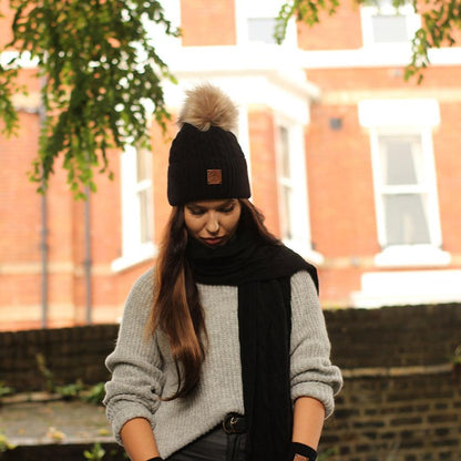 Cashmere faux fur pom pom beanie, Knit cashmere hat, Cozy and super soft women winter hat