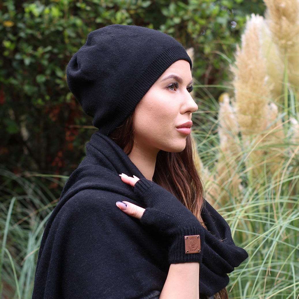 black Cashmere hat, Women winter double layer beanie, Gift for her
