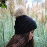 Cashmere silk lined knit beanie: Pom pom winter windproof hat, Great for thick, Curly, Frizz-free hair