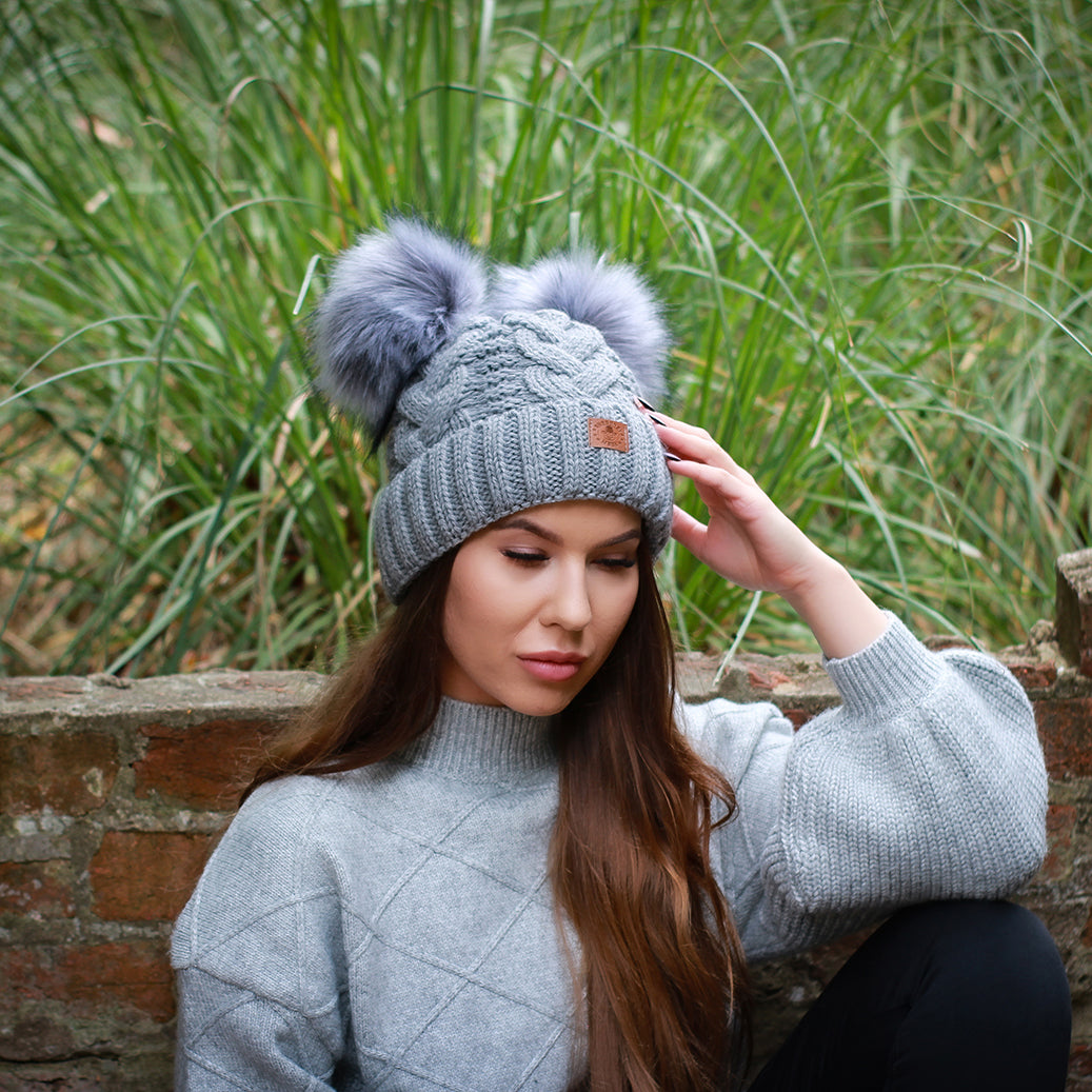 Bonnet d'hiver en laine pour femme, bonnet doublé en polaire, bonnet à pompon double