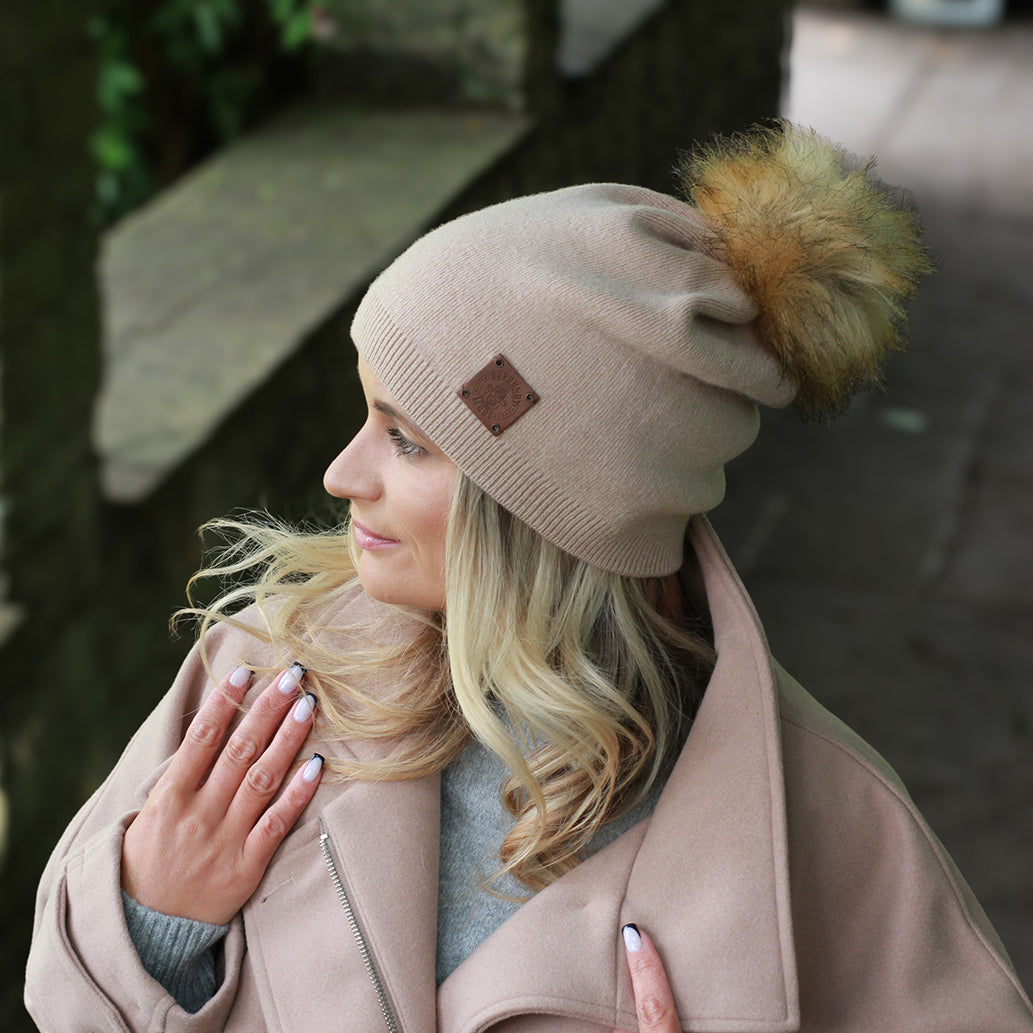 Cashmere Winter Hat for Women – Soft Double Layer Beanie, Warm and Breathable Knit Faux Fur Pom Pom Hat, Elegant Cold Weather Gift for Her