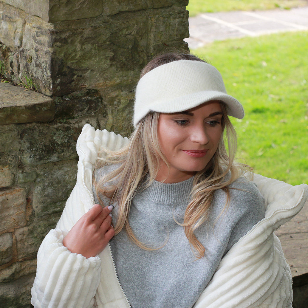 white Cashmere Peak Headband for Women | Warm Winter Ear Warmer | Soft Knit Visor Hairband | Cozy Gift for Her