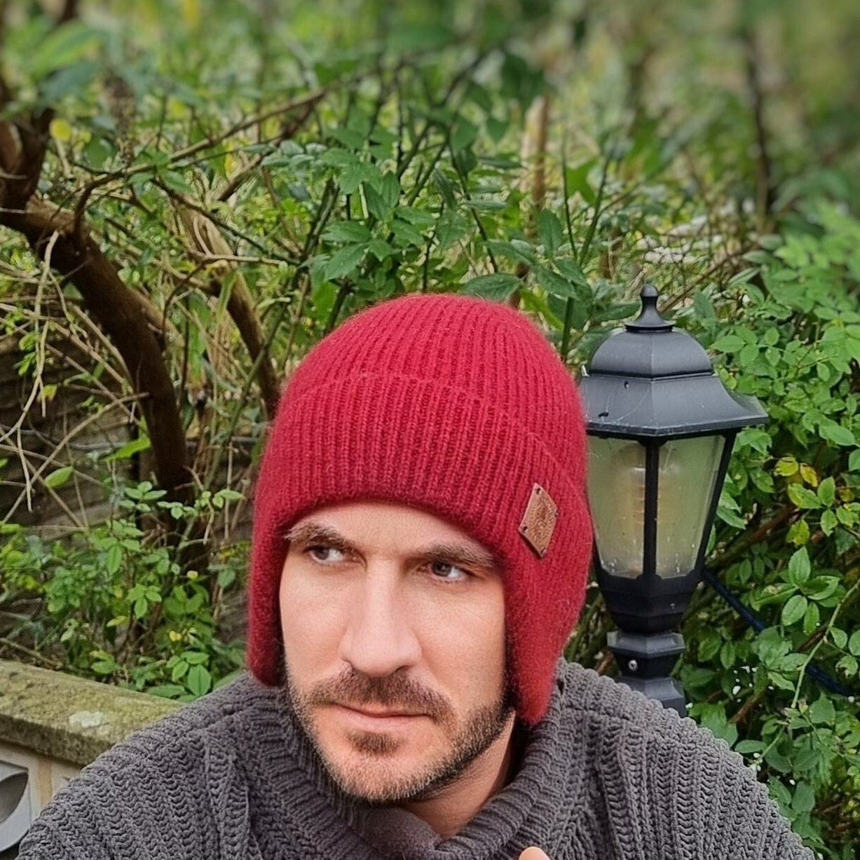 Burgundy Men’s Woollen Winter Earflap Hat – Warm Cashmere Blend Beanie, Cozy Cold Weather Hat, Stylish Gift for Him, Unisex Design