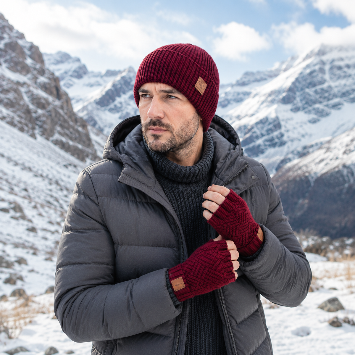 burgundy Men’s Cashmere Fingerless Gloves