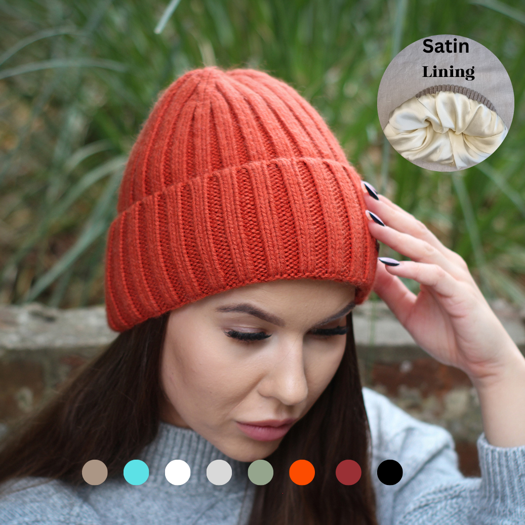 Bonnet pour femme doublé de soie et cachemire de petite taille, bonnet coupe-vent d'hiver, idéal pour les cheveux épais, bouclés et sans frisottis, cadeau pour elle