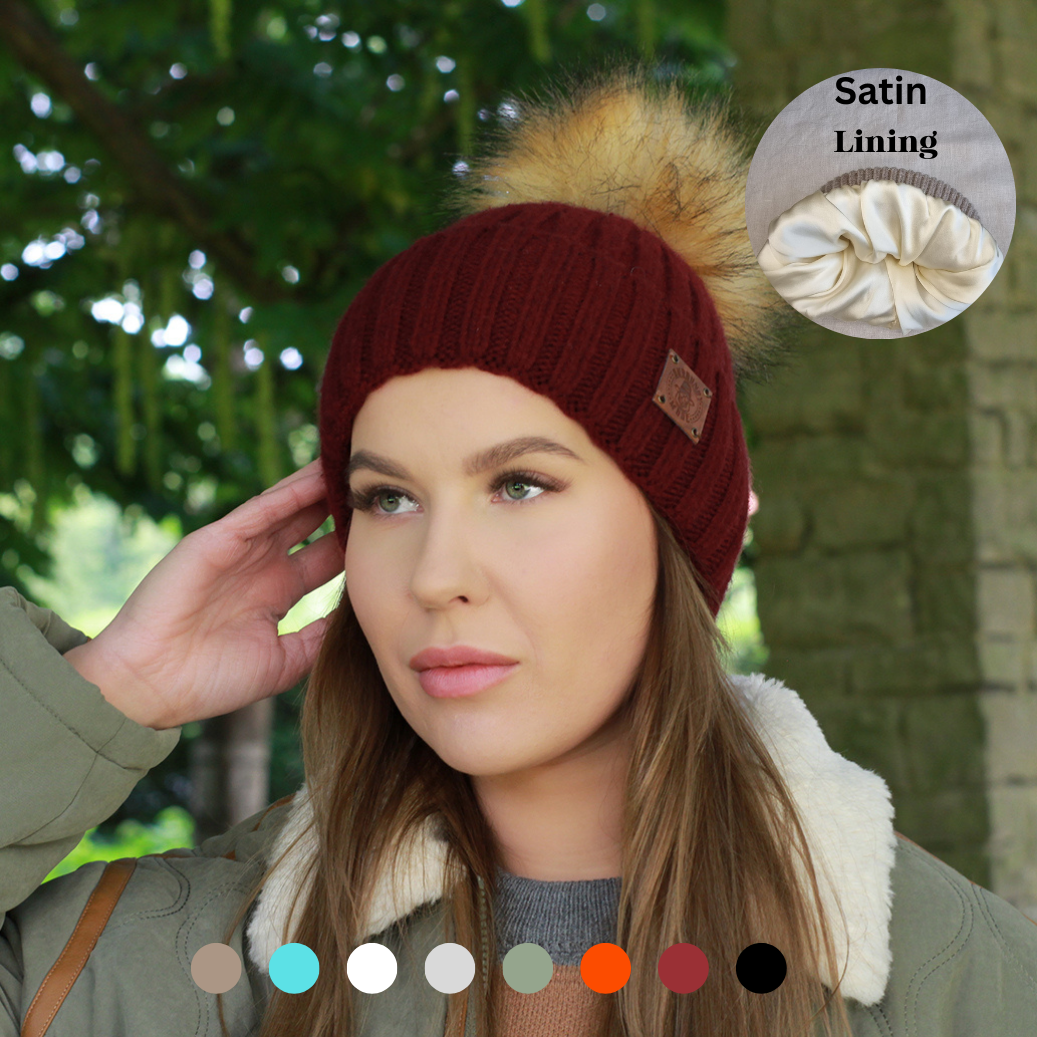 Smaller Size Beanie silk-feel lining with Faux Fur Pom Pom, Soft & Warm Winter Hat, Gift for Her