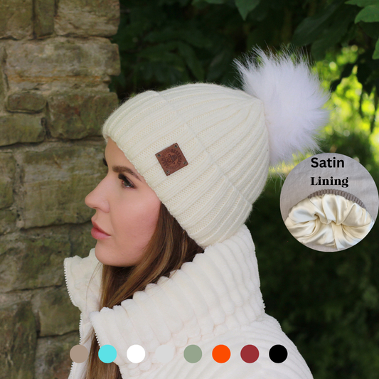 Bonnet en cachemire pour femme de petite taille doublé de soie, Bonnet à pompon doublé de soie en cachemire pour femme, Bonnet en cachemire chaud et doux, Cadeau pour elle