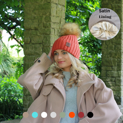 orange Silk-Lined Cashmere Hat with Fox Fur Pom Pom – Smaller Size