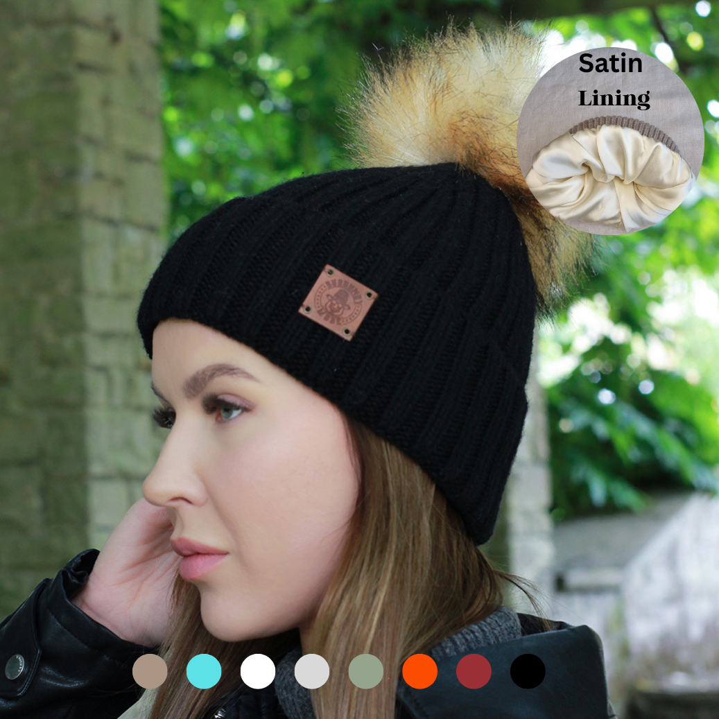 Smaller Size Beanie silk-feel lining with Faux Fur Pom Pom, Soft & Warm Winter Hat, Gift for Her