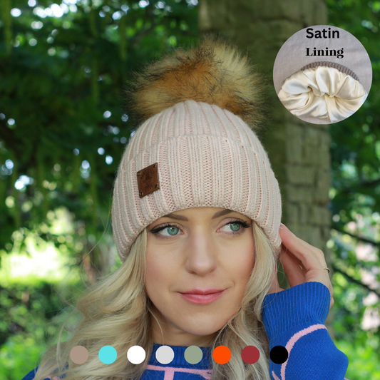 Smaller Size Beanie silk-feel lining with Faux Fur Pom Pom, Soft & Warm Winter Hat, Gift for Her