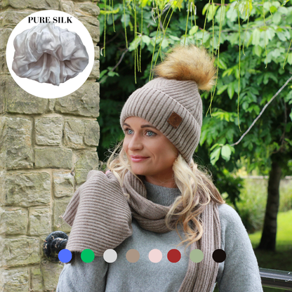 100% Mulberry Silk Lined Cashmere Hat – Faux Fur Pom Pom