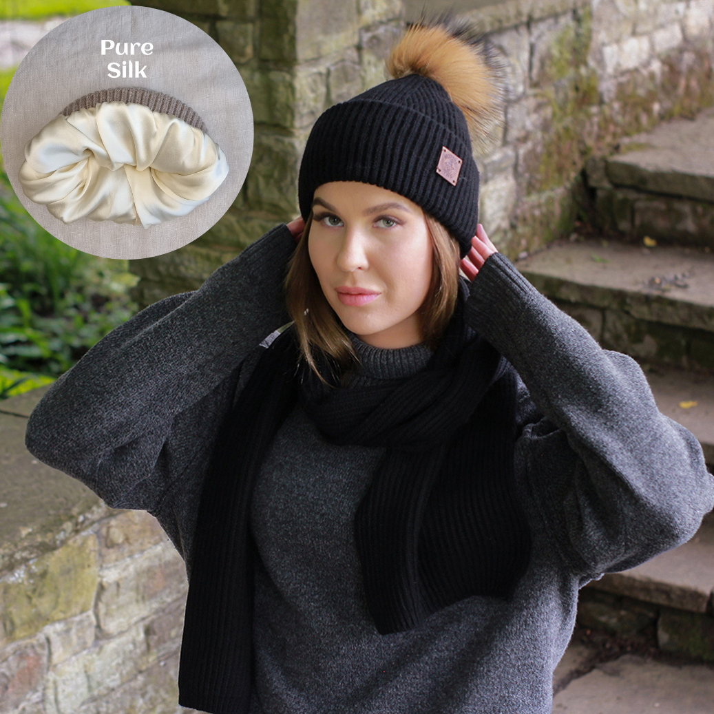 100% Pure Silk-Lined Cashmere Hat – Triple Layer Women’s Winter Beanie, Reduces Frizz, Faux Fur Pom Pom, Luxury Gift for Her