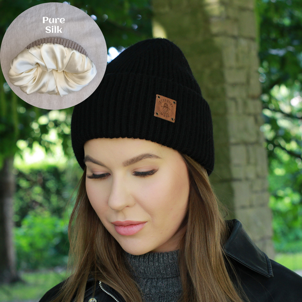 Bonnet pour femme doublé en cachemire et 100 % PURE SOIE, bonnet coupe-vent d'hiver, idéal pour les cheveux épais, bouclés et sans frisottis, cadeau pour elle