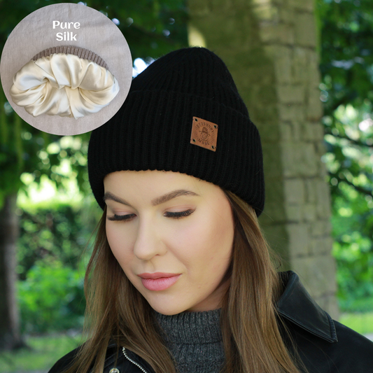 Bonnet pour femme doublé en cachemire et 100 % PURE SOIE, bonnet coupe-vent d'hiver, idéal pour les cheveux épais, bouclés et sans frisottis, cadeau pour elle
