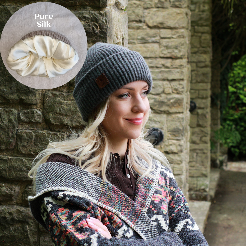 Bonnet pour femme doublé en cachemire et 100 % PURE SOIE, bonnet coupe-vent d'hiver, idéal pour les cheveux épais, bouclés et sans frisottis, cadeau pour elle