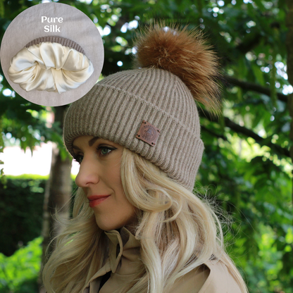 brown 100% Mulberry Silk Lined Cashmere Hat