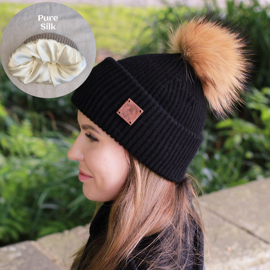 Bonnet pour femme doublé en cachemire et 100 % PURE SOIE, bonnet coupe-vent d'hiver, idéal pour les cheveux épais, bouclés et sans frisottis, cadeau pour elle
